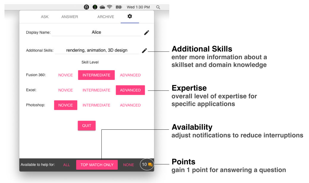Figure 6: Settings page where users can specify their expertise, availability, and additional skills.