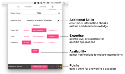 Figure 6: Settings page where users can specify their expertise, availability, and additional skills.