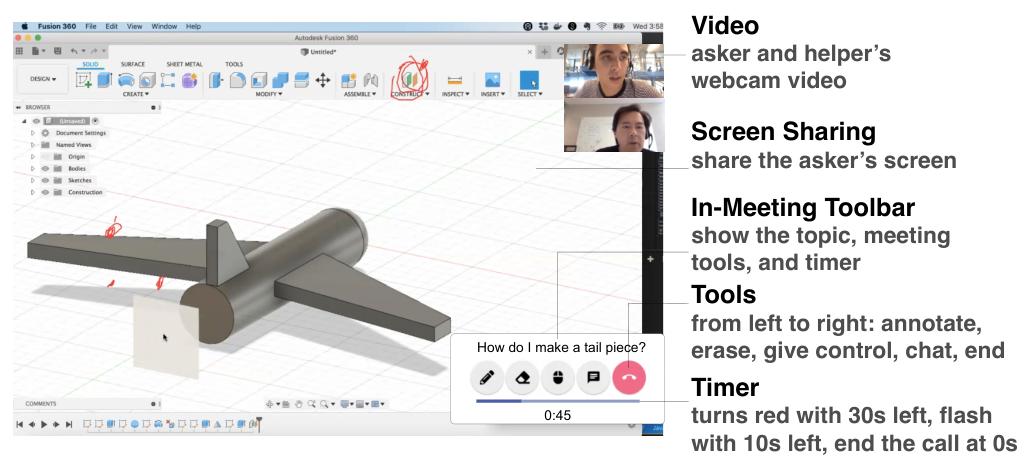 Figure 8. A live help session with active video chat, screen sharing, annotation tools, and a countdown timer.