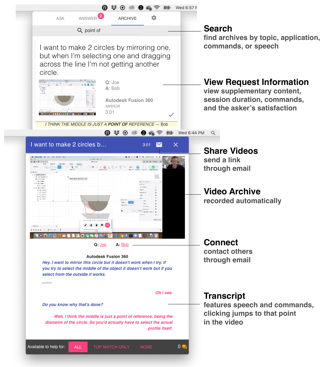 Figure 9. Archive view, where users can search through past help sessions, read the transcript, connect with the helper and share the video with others.