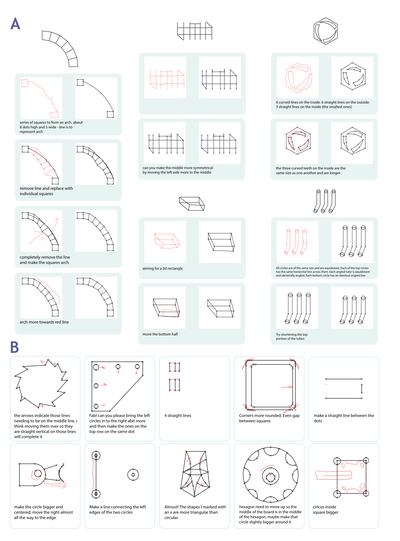 Figure 5: A Example rollouts from the dataset. Target CADs (top-center) were shown to Designers, who created instructions (left columns) that Makers followed (right columns). Dyads iteratively refined their CADs across a series of rounds (rows). B Examples of multimodal refinement instructions. Language and drawing mutually constrain and inform the others’ semantics. Many instructions don’t make sense without the accompanying drawings, and vice-versa.