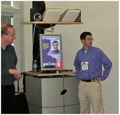 Figure 1. Office Central picture window at the Computer History Museum installation. The screen in this kiosk-style application shows an “advertisement” for a remote person who is available to chat.