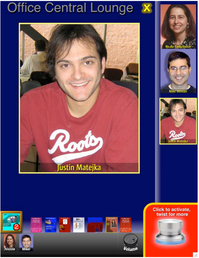 Figure 7. Interacting in the virtual lounge. Nicole and Mike are standing in front of the picture window in the physical lounge, as seen by their photos in the person radar (bottom left). They are cha