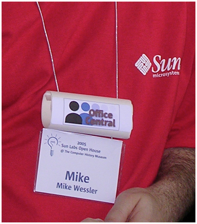 Figure 8. The labels that the RFID tags were affixed to were rolled to keep the tags away from people’s bodies. The tags are located directly under the Office Central logo.