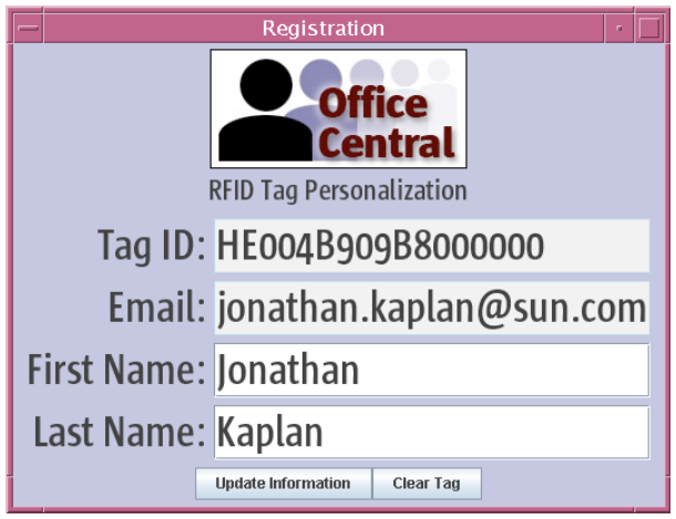 Figure 9. The registration application associates RFID tag IDs with a person’s name and email address.