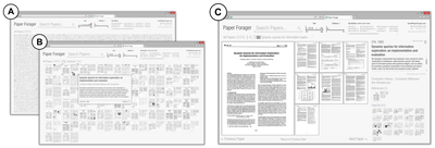 Fig. 1. Three views of the Paper Forager system: (A) the initial state of system showing all 5,055 papers in the sample corpus from the ACM CHI and UIST conferences, (B) the filtered results showing only the papers containing an individual keyword, and (C) a sample paper overview page which further allows a user to click on a page to read the content.