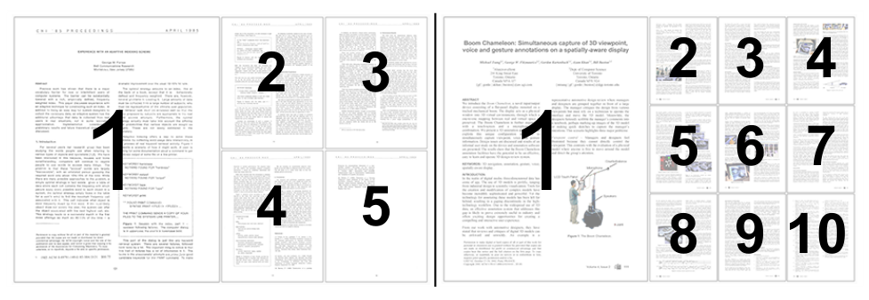 Fig. 16. Sample 5-page (left) and 10-page layouts (right).