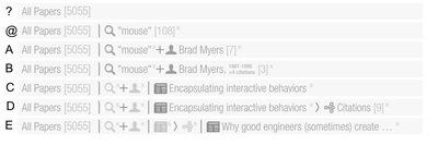 Fig. 6. Initial state of the history bar (A) and changes after a series of operations: (B) searching for “mouse”, (C) clicking on the author Brad Myers, (D) adjusting the year and citation filters, (E) selecting a paper, (F) viewing that paper’s citations, and (G) selecting another paper.