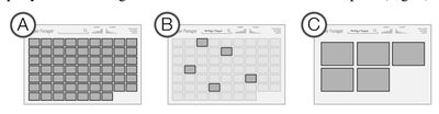 Fig. 8. Stages of the reordering animation. (A) initial state, (B) removed papers fade away, (C) remaining tiles move and resize into new position.