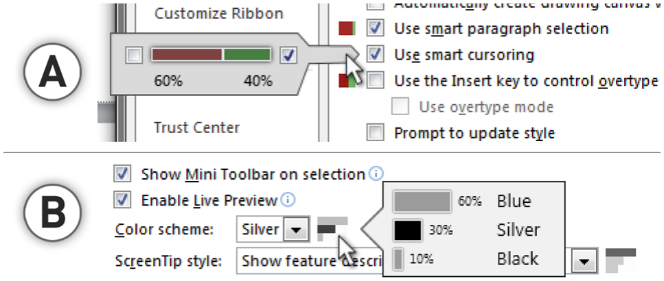 Figure 16. Scented interface for check box (A) and combo box (B) controls.