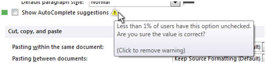 Figure 17. Warning icon and message for setting which are possibly set outside of normal bounds.