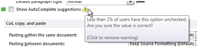 Figure 17. Warning icon and message for setting which are possibly set outside of normal bounds.
