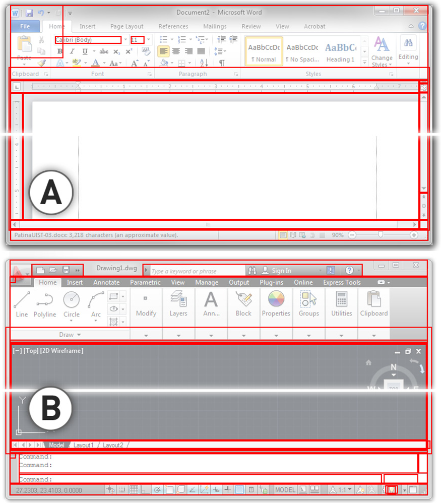 Figure 3. Rectangle information collected from HWND data structures from standard Microsoft Word (A) and Au-toCAD (B) windows.