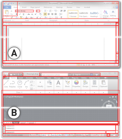 Figure 3. Rectangle information collected from HWND data structures from standard Microsoft Word (A) and Au-toCAD (B) windows.