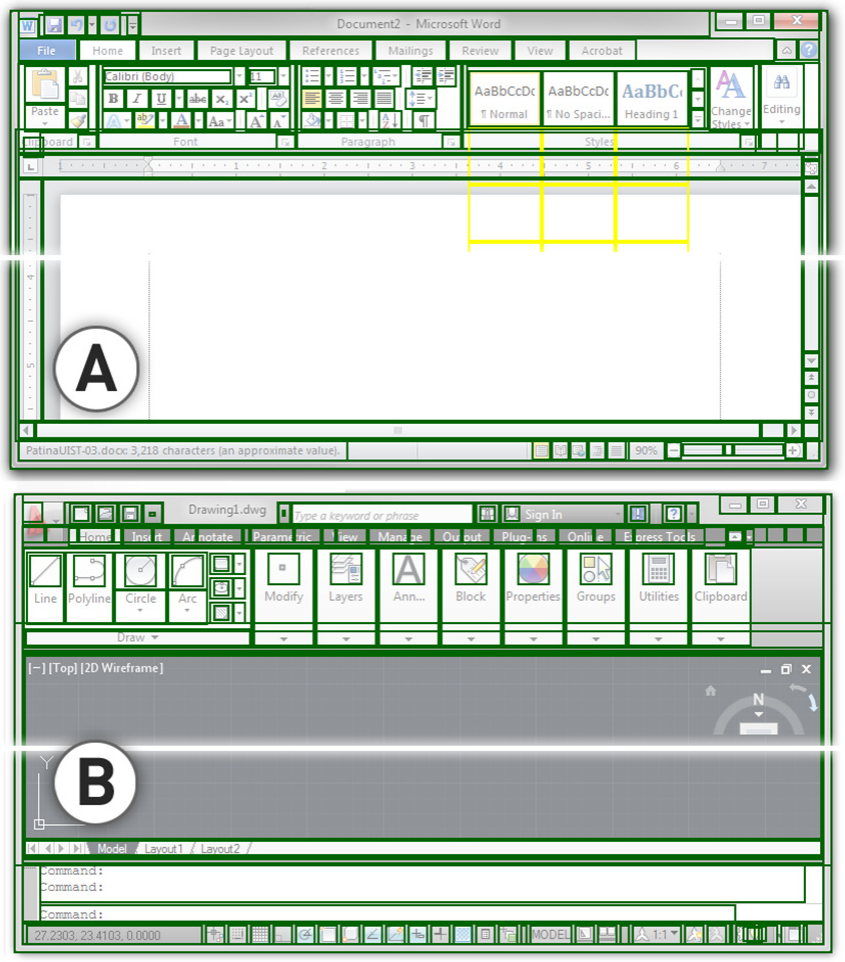 Figure 4. Rectangle data collected from the Accessibility APIs for Microsoft Word (A) and AutoCAD (B) windows. Yellow rectangles indicate regions which are reported as “offscreen”.