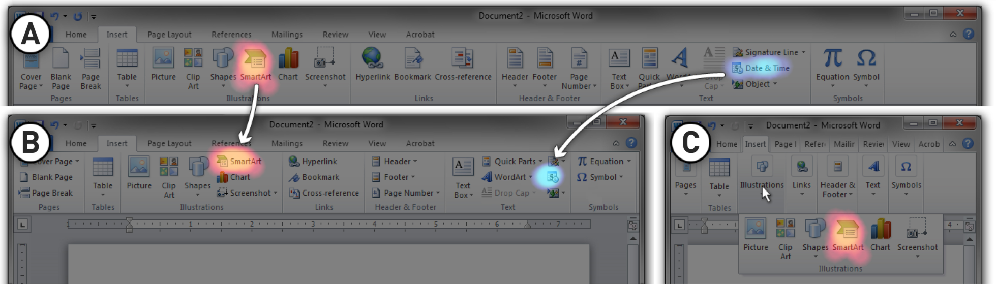 Figure 8. Demonstration of Patina overlay persisting on the correct UI elements after a window resizing, even when the target UI elements change size and position between (A) and (B). During ribbon re