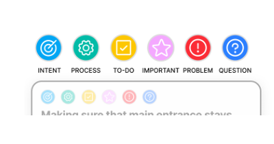Figure 8 (high-level goals or rationales), Process (operations, tools, or workflow steps), ToDo (tasks to complete later), Important (flagged critical information), Problem (is- sues or obstacles), and Question (open un- certainties). Process Label Categories (DP2): Each TalkNote is automatically assigned one or more categories, reflecting different kinds of design reasoning: Design Intent