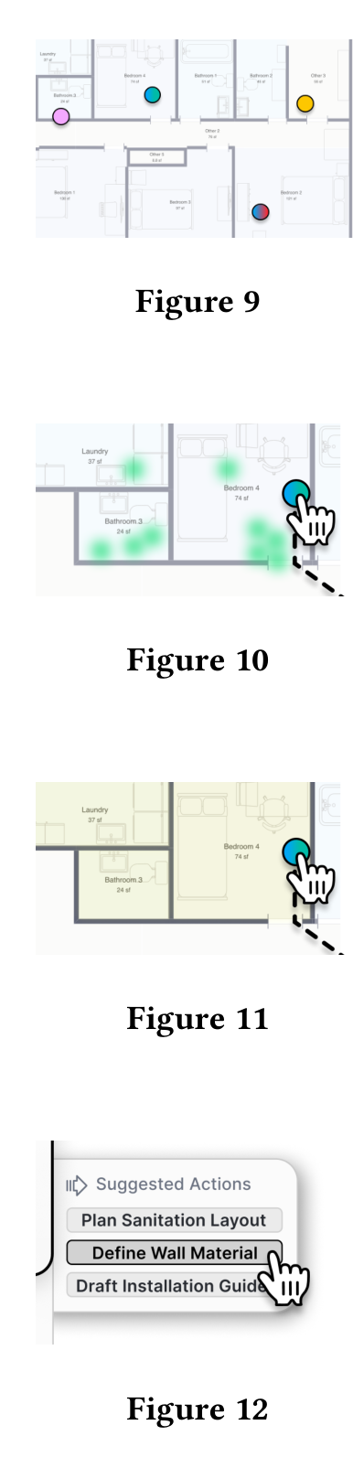 Spatial Anchors (DP3): Notes appear as overlays on the canvas at the location where the user was pointing during ver- balization (as 2D/3D location). Pointer Traces (DP2, DP3): Visual paths of cursor movement during speech are stored and shown as overlays, providing contextual grounding. Design Element Highlights (DP2, DP3): Relevant architectural elements refer- enced during users’ speech are visually linked to the note. Action Suggestions (DP4): Based on the TalkNote’s captured context, the system dynamically generates a UI button menu with follow-up system actions for users to trigger?.