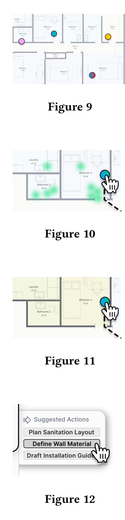 Spatial Anchors (DP3): Notes appear as overlays on the canvas at the location where the user was pointing during ver- balization (as 2D/3D location). Pointer Traces (DP2, DP3): Visual paths of cursor movement during speech are stored and shown as overlays, providing contextual grounding. Design Element Highlights (DP2, DP3): Relevant architectural elements refer- enced during users’ speech are visually linked to the note. Action Suggestions (DP4): Based on the TalkNote’s captured context, the system dynamically generates a UI button menu with follow-up system actions for users to trigger?.
