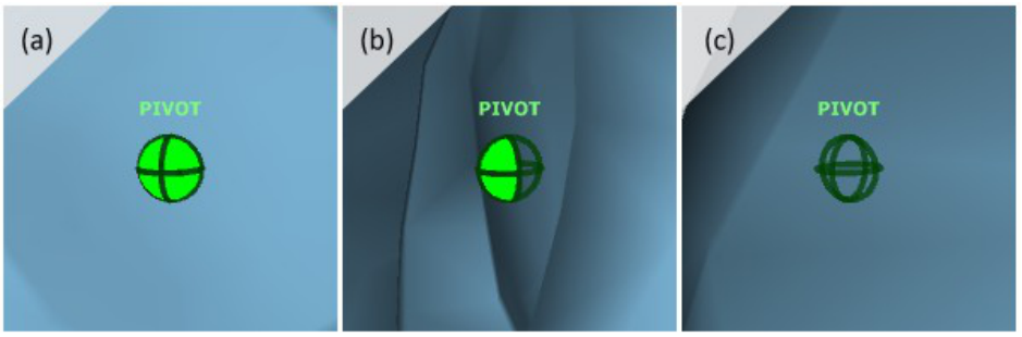 Figure 6: Visual appearance of the green-ball pivot point: (a) in front of a surface –fully visible, (b) on a surface –partially occluded, and (c) behind a surface –fully occluded.