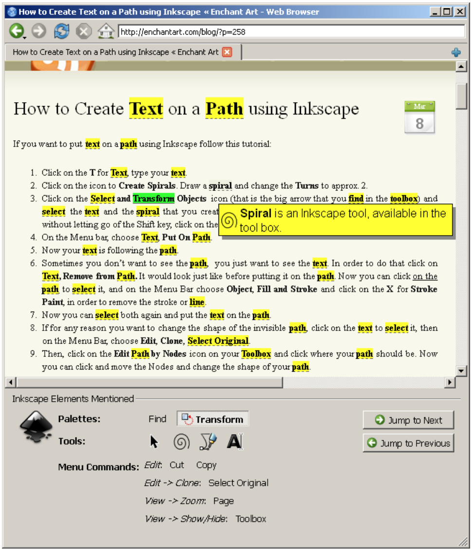 Figure 4: Summary panel and in-page aids; Trans-form has been clicked in the navigational controls.