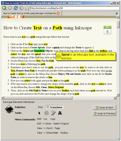 Figure 4: Summary panel and in-page aids; Trans-form has been clicked in the navigational controls.