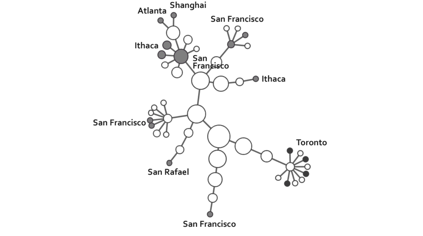 Figure 1: Project team structure visualization generated from email list, showing both physical distribution and hierachical organization.