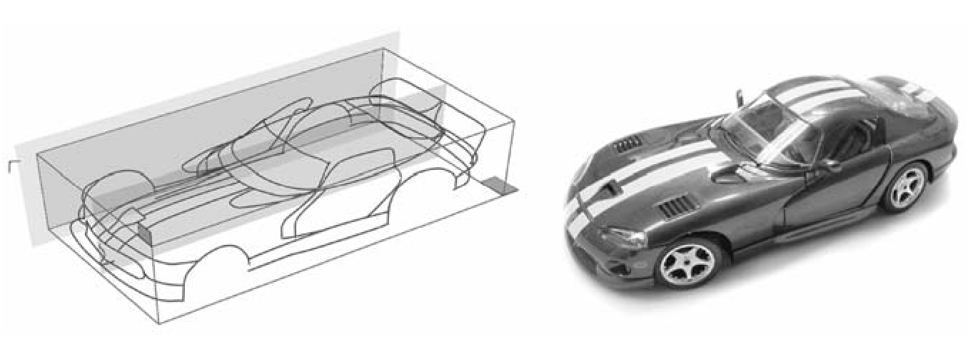 Figure 10. Principle 3D curves for the Dodge Viper together with a photograph of a scale model of the car (from Grossman et al., 2002).