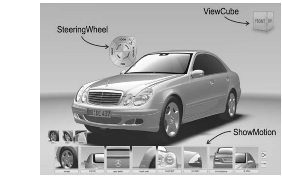 Figure 14. SteeringWheels, ViewCube, and ShowMotion.