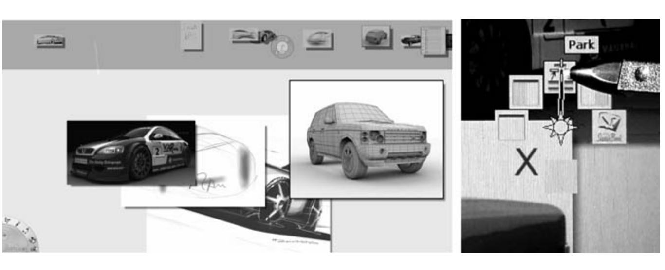 Figure 19. (Left) Sketchboard interface; (right) marking menu with user selecting “park” with the pen.