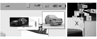 Figure 19. (Left) Sketchboard interface; (right) marking menu with user selecting “park” with the pen.