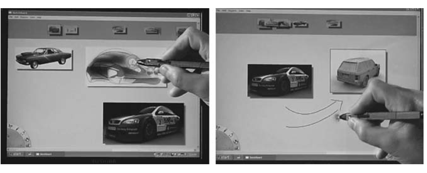 Figure 21. Working on Sketchboard from the TabletPC. (Left) using tracking menu; (right) drawing directly on the board (via the TabletPC).