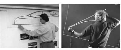 Figure 7, An automotive designer using the tape drawing technique, and our digital ver- sion (from Balakrishnan et al., 1999).