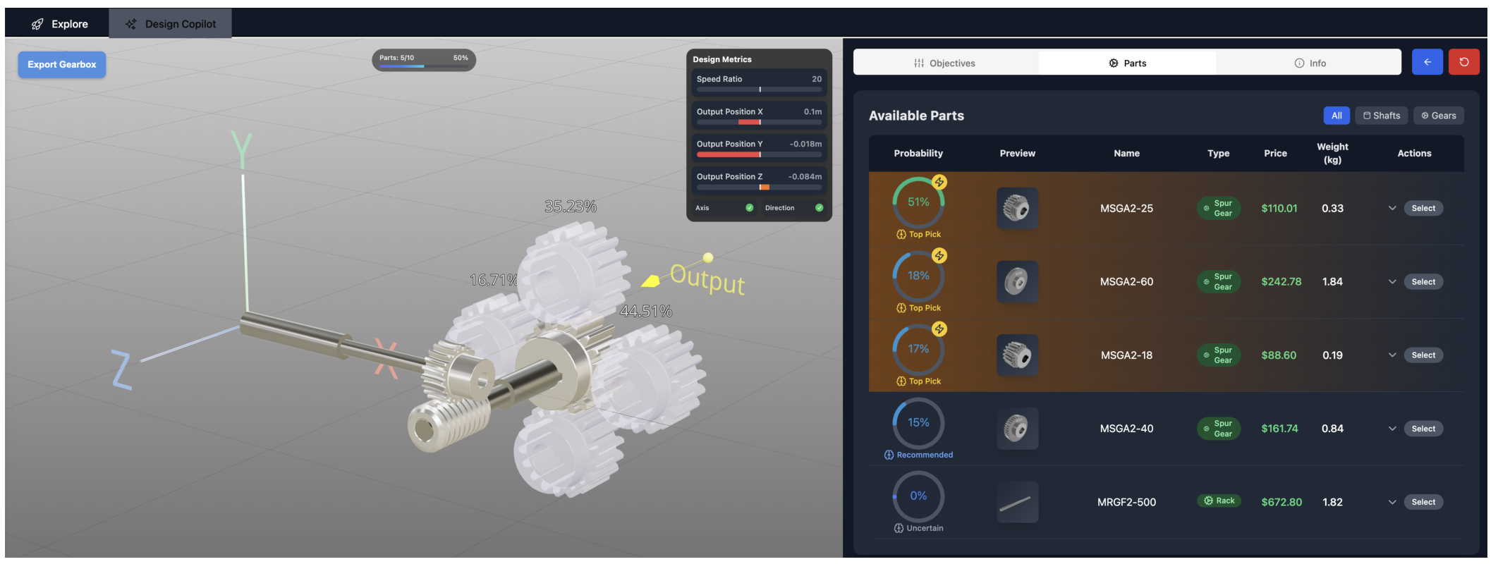 Figure 1: The Copilot Mode interface providing collaborative design refinement with GearFormer, featuring real-time 3D visualization (left), interactive design metrics panel (center top), and intelligent parts recommendation and selection interface (right).