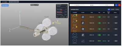 Figure 1: The Copilot Mode interface providing collaborative design refinement with GearFormer, featuring real-time 3D visualization (left), interactive design metrics panel (center top), and intelligent parts recommendation and selection interface (right).