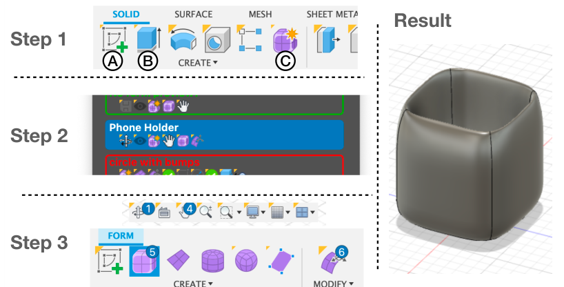 Figure 10: Creating a pen holder by following a ToolTrip ti-tled “Phone Holder”.