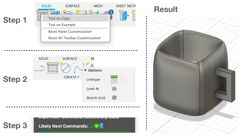 Figure 11: Exploring an alternative approach using ToolTaste to work on a copy, and ToolTrack to prag­matically explore relevant commands and options.