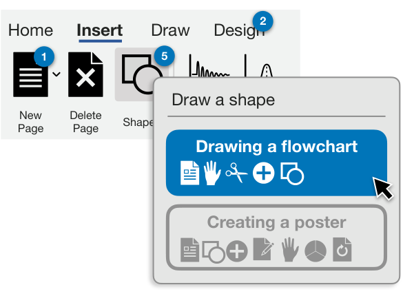 Figure 7: ToolTrip ofers workfows that contain a particular command under the mouse cursor, highlighting other com­mands in that workfow with numbered badges.
