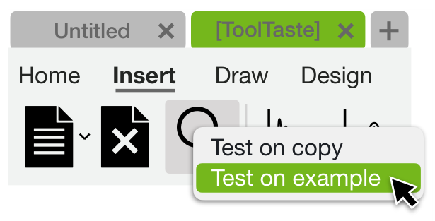 Figure 8: ToolTaste allows users to test any command, even if it is currently disabled – either on the current document or on an example that has been curated to work with that command.
