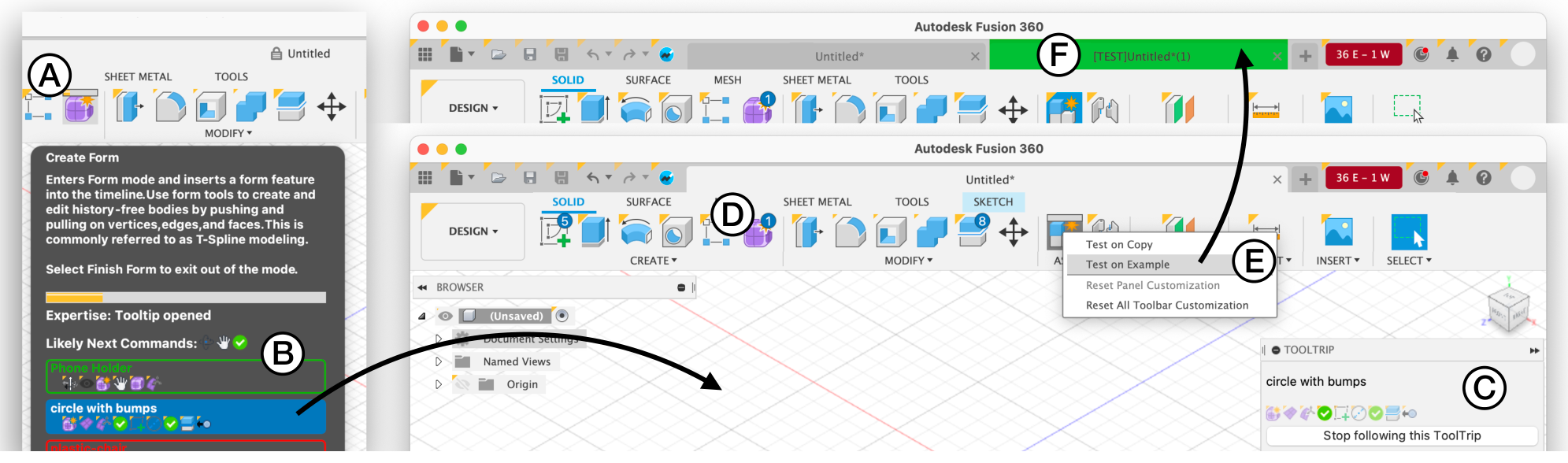 Figure 9: Our prototype implementation in Fusion 360 showing ToolTrack (A), ToolTrip (B, C, D) and ToolTaste (E, F).