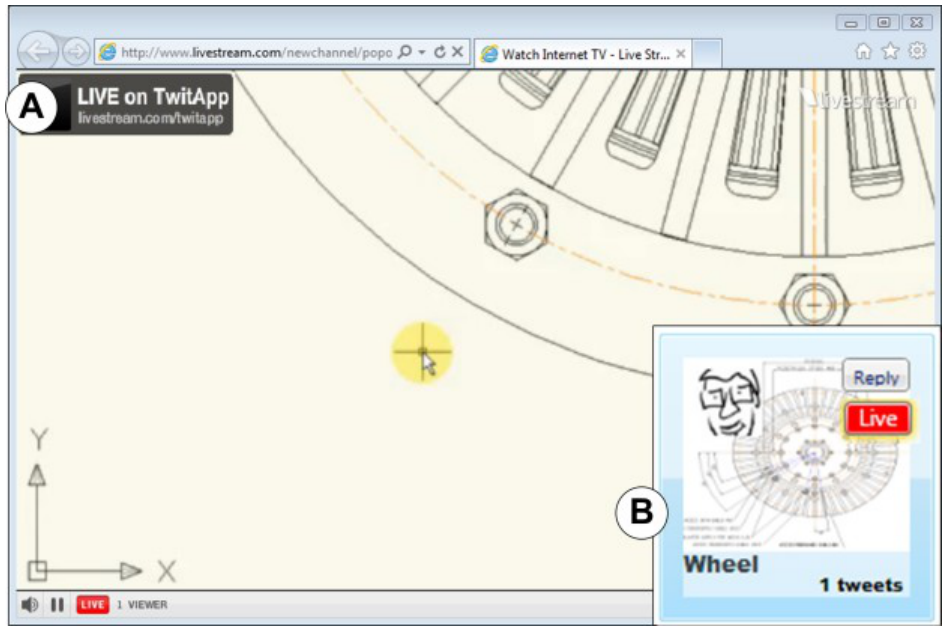 Figure 10.A) Live video player window lauched by TwitApp, B) A live broadcasting button (red) displayed over a project control.