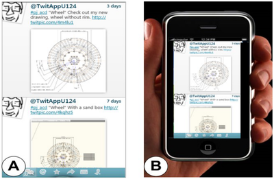 Figure 12. a) Layout of actual TwipApp tweets dis-played by an existing Twitter client. b) Mockup of the same client within a mobile device.