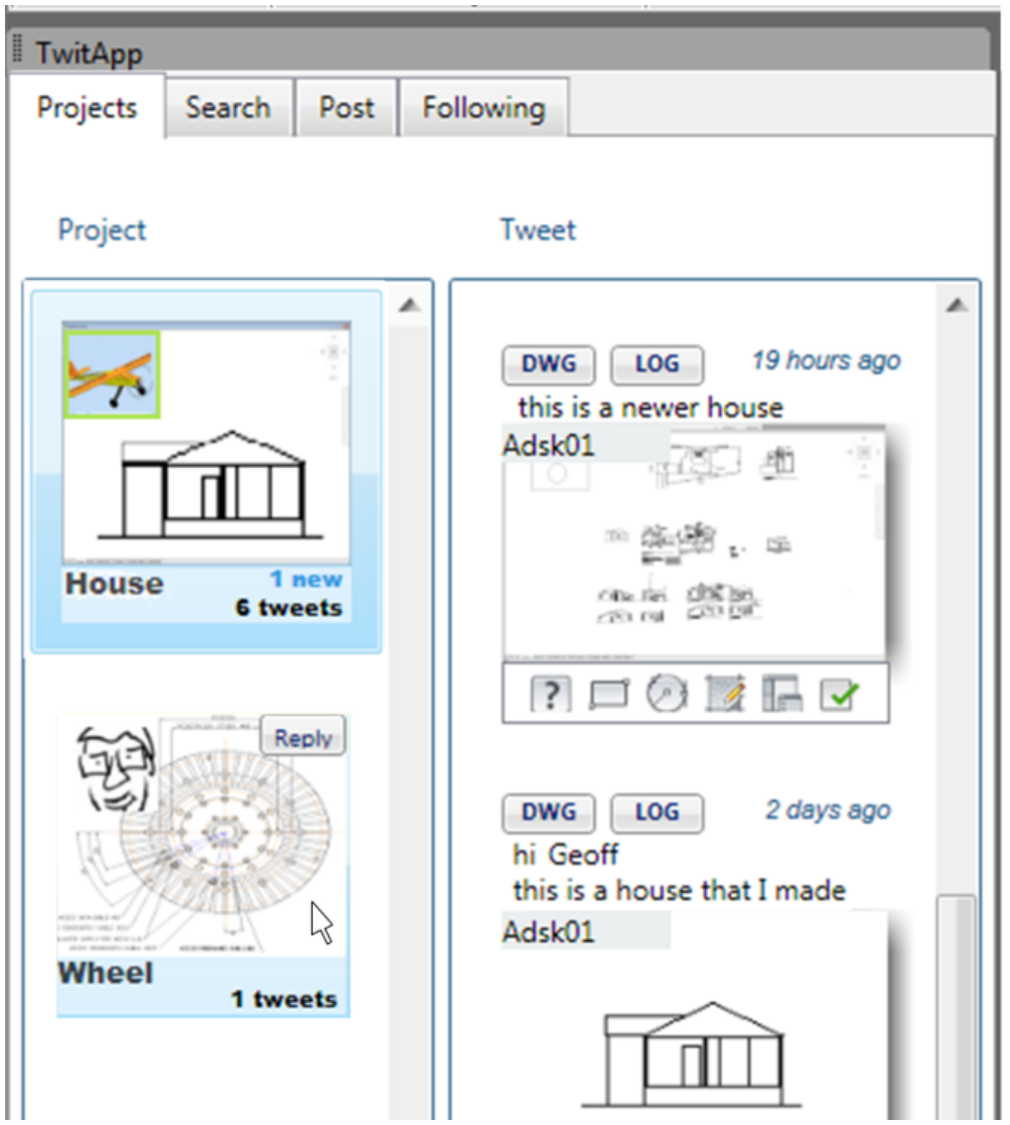 Figure 2. The TwitApp palette is organized into four tabs: Projects, Search, Post, and Following.