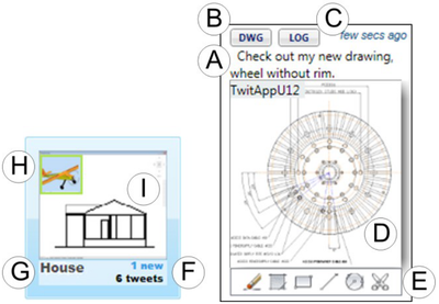 Figure 3. A project (left) and a rich content tweet in TwitApp A) Text message, B) Drawing data file, C) User command history, D) Thumbnail screen im-age, E) Command icons, F) New tweet and total twee