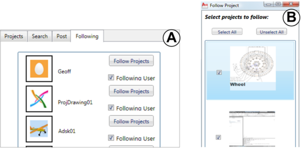 Figure 4. A) Following Tab, B) Project dialog win-dow for a given designer.