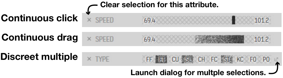 Figure 4. Example selections made in continuous and dis-creet Single-attribute Controllers.
