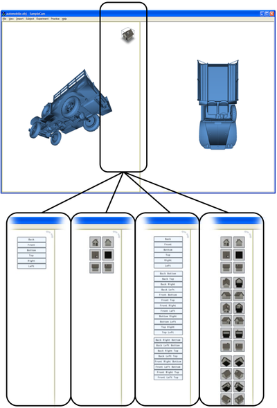 Figure 13. (a) Top: experiment screen. (b) Bottom: the List condition for (left to right) 6 Views with Text Labels, 6 Views with 2D Image Labels, 26 Views with Text Labels, and 26 Views with 2D Image