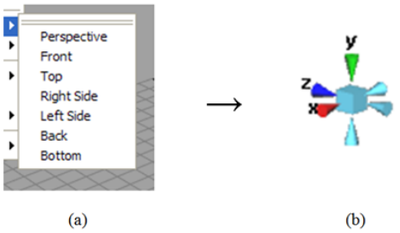 Figure 2. Standard Views (a) are accessible on the ViewCompass (b) where users can click the cones to view the scene from that point of view. Clicking the cube itself would move the camera to the stan