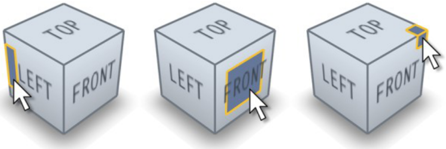 Figure 5. ViewCube Selection Feedback. As the cursor moves over the ViewCube, the piece that would be selected if the user clicked the mouse button is highlighted.