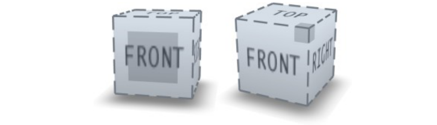 Figure 7. When moving the viewpoint using the application’s Orbit tool, the cube rotates to match the scene orientation. The current closest fixed view is highlighted. Here, the scene is orbited slightly from almost Front (left) to almost Front-Top- Right (right).